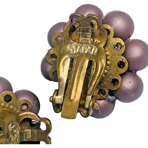 Vintage Japan Purple Rhinestone Flower Clip-On Earrings 1" Beaded Jewelry - Picture 9 of 11